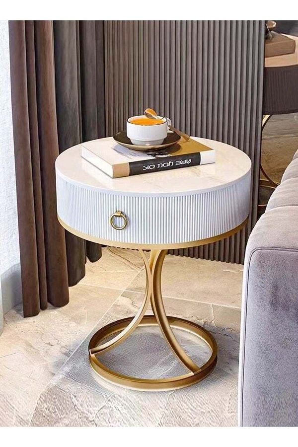 Raffine-Modern Multipurpose Unique Design Side Table Strong Iron Base Bedside Table with Wood Drawer Storage 1