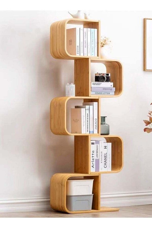 Raffine-Modern S Shaped Design Bamboo Bookcase Smooth Edge Storage Rack Display Stand 1