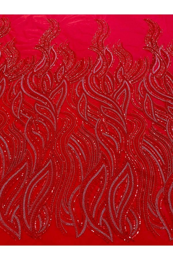 Luxuro-Red Couture Lace with Linear Pattern, Beads and Sequins 1