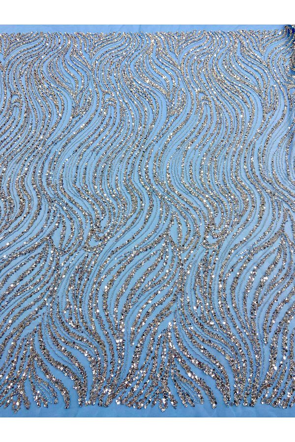 Luxuro-Couture Silver Lace with Blue Tulle with Linear Pattern, Beads and Sequins 1