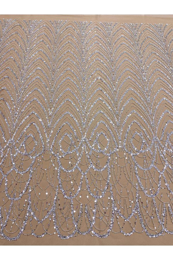 Luxuro-Silver Couture Lace with Nude Tulle with Geometric Pattern with Beads and Sequins 1