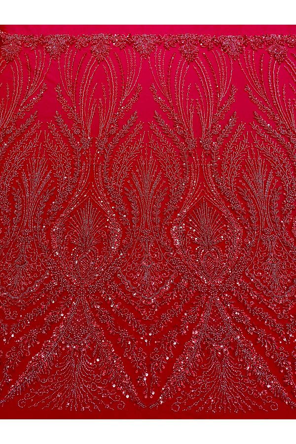 Luxuro-Red Couture Lace with Geometric Pattern, with Pearls, Beads and Sequins 1
