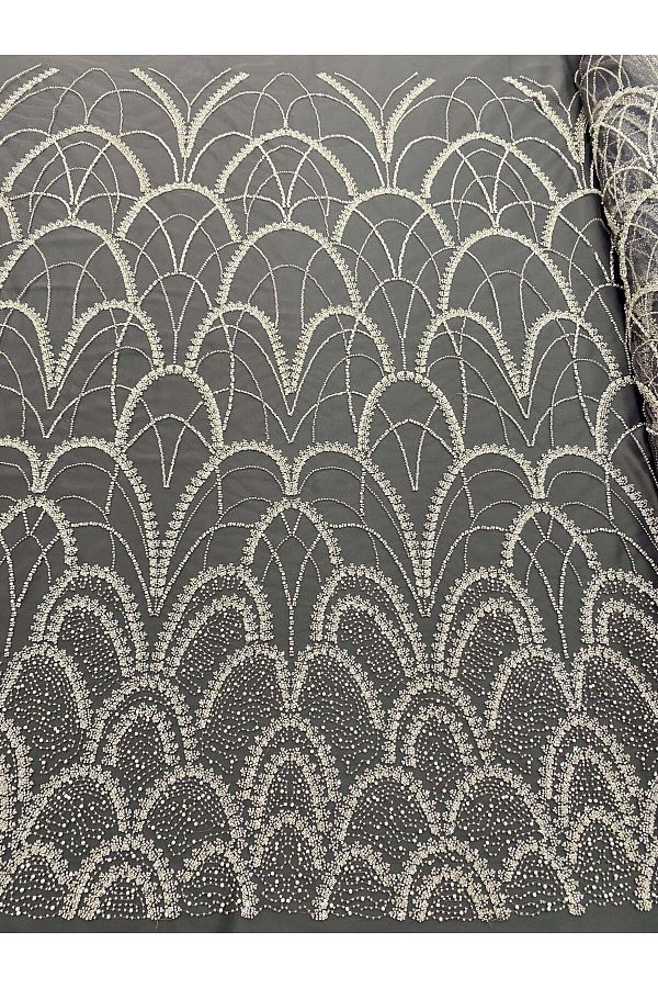 Luxuro-Silver Couture Lace with Anthracite Tulle with Geometric Pattern, with Pearls, Beads and Sequins 1