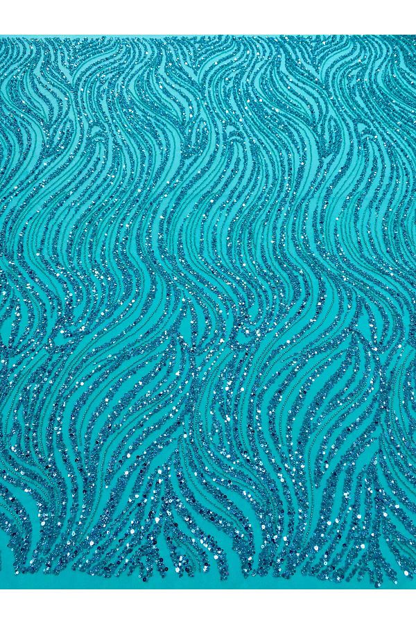 Luxuro-Turquoise Couture Lace with Linear Pattern, Beads and Sequins 1