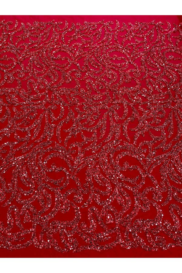 Luxuro-Red Couture Lace with Geometric Pattern, Beads and Sequins 1