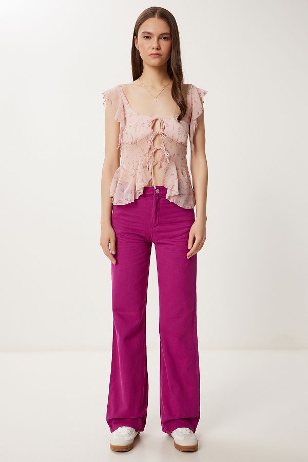 Happiness İstanbul-Lila Damen-Gabardine-Hose mit weitem Bein und Taschen WF00123 1