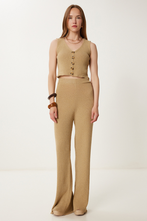 Happiness İstanbul-Women's Beige Stylish Buttoned Flexible Knitwear Vest Trousers Set Mt00159 1