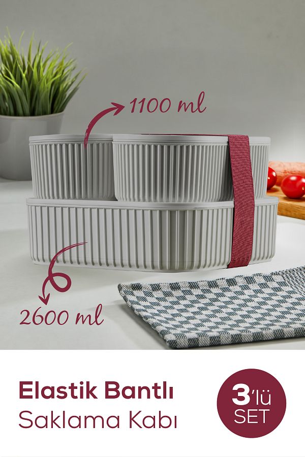 Vienev-Set of 3 Grey Storage Containers - Elastic Band, Stackable, Practical 2X(1100 ml) 1X(2600 ml) 1