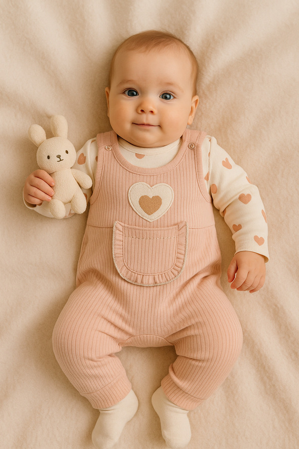 NAFİTTO Kalpli Kız Bebek Tulum 3’lü Tulum Seti – Kollu Zıbın, Cepli Tulum ve Çorap | 3-6-9 Ay Bebek Kıyafeti