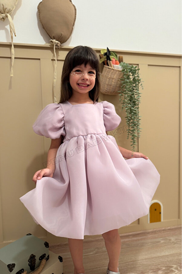 penu baby kids Lila Karolin Balon Etek Balon Kollu Kurdeleli Kız Çocuk Kız Bebek Elbise