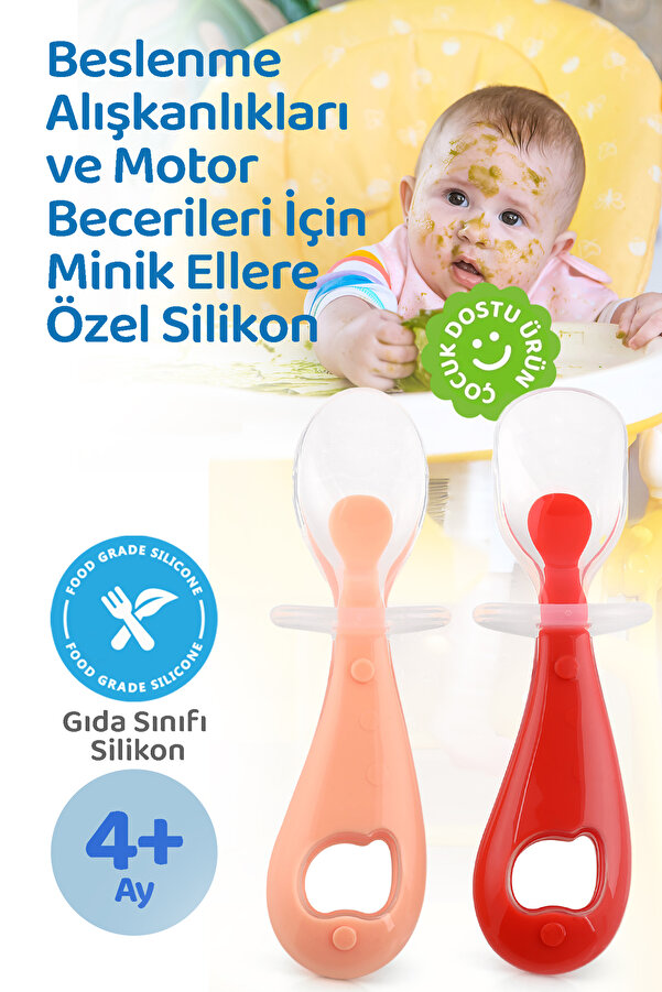 Guqqo Silikon Bebek Mama Kaşık Seti, Diş Kaşıyıcı, 2 Li Set, Kırmızı Pembe