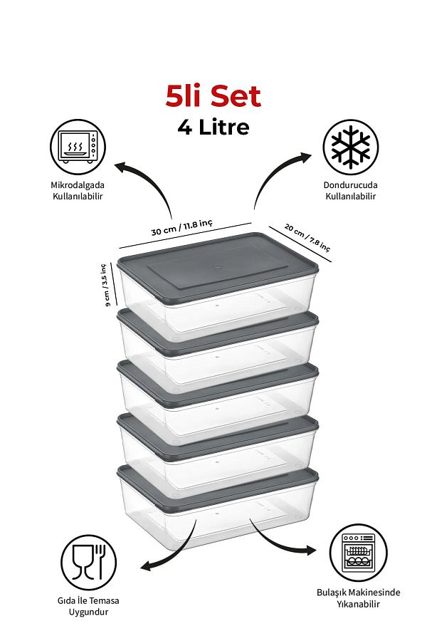 Espas Home-Freshkeep Storage Container Set of 5 Suitable for Microwave and Deep Freezer - Gray / 5*4000 ml 1