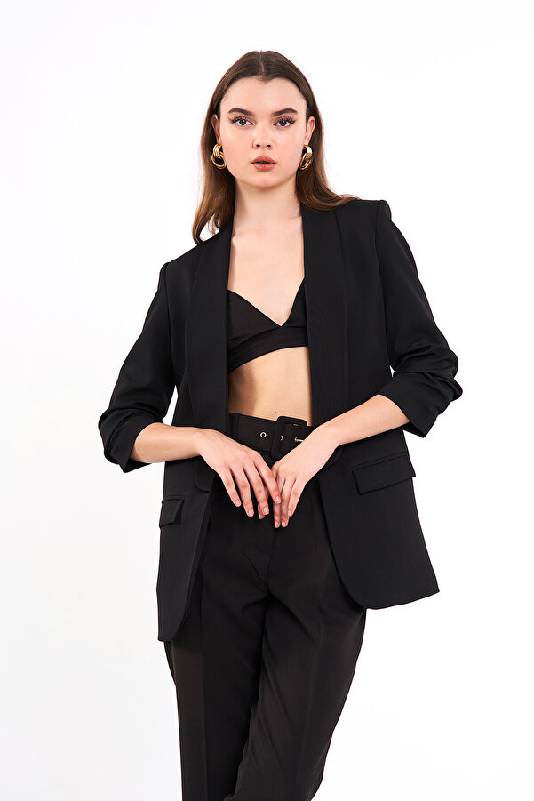Swass Gathered Sleeve Black Blazer Women's Jacket- Trendyol