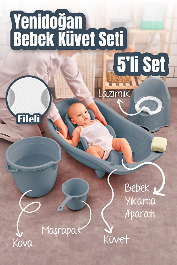 Vienev 5'li Set Fileli Yenidoğan Küvet Seti Mavi