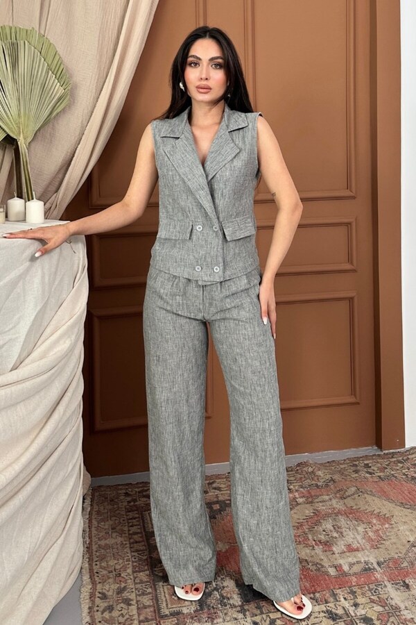 spirituel-Women's Bottom Top Set Linen Button and Pocket Detail Double Breasted Collar Vest Wide Leg Pants Set 1