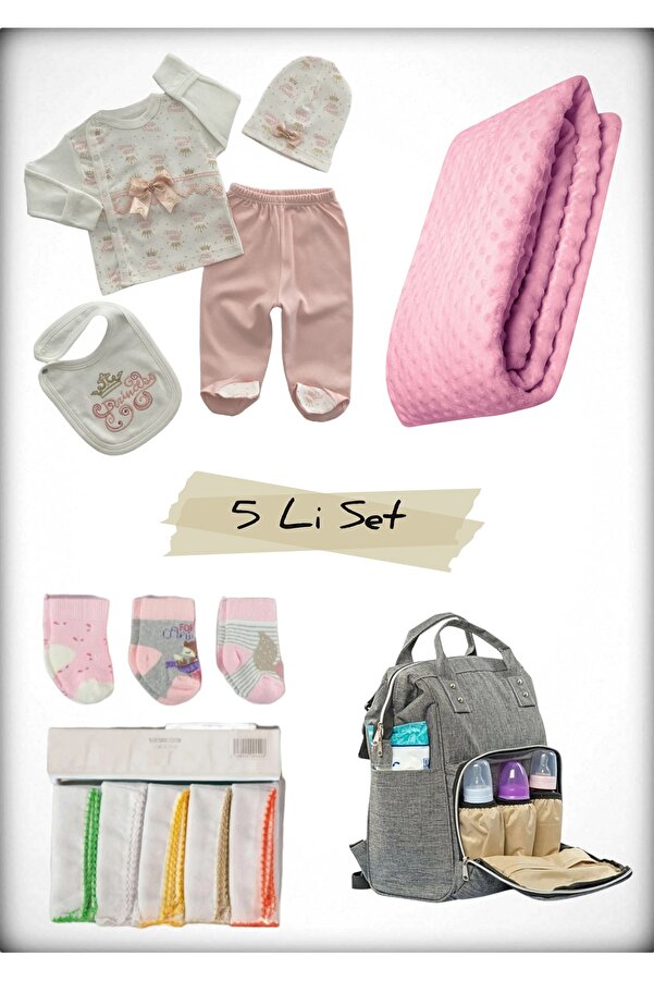 DERİNBEBE 5 li Doğum Seti (Anne Bebek Çantası Hastane Çıkışı Battaniye 10 Lu Mendil Ve 3 Lü Çorap)