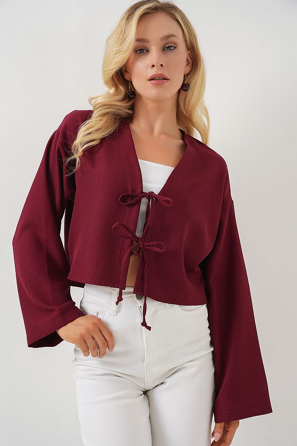 Bigdart-Linen Kimono with Tie Front 960 - Claret Red 1