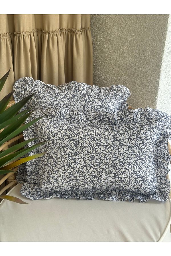 Decamor home-Față de pernă din țesătură de bumbac, albastru lavandă, mini cu volane florale 1