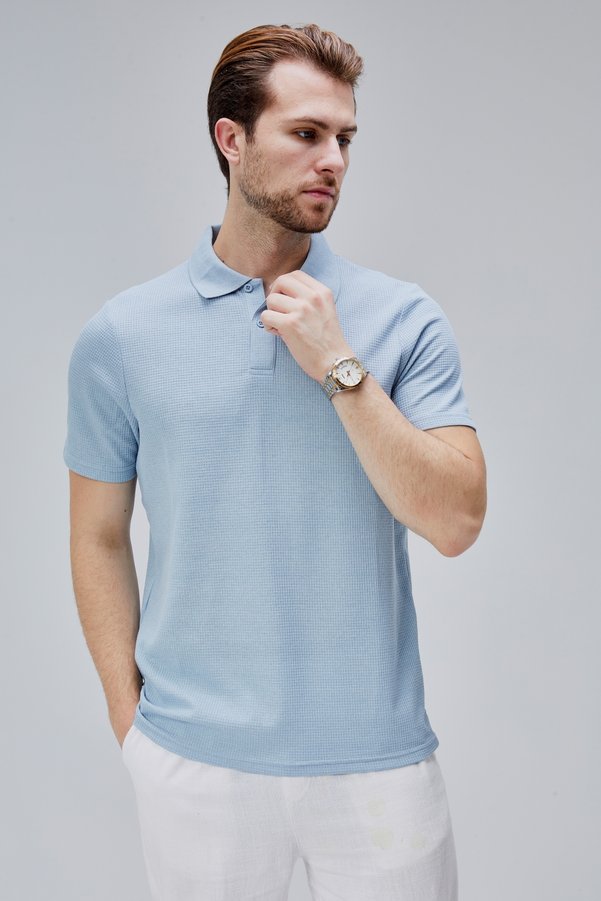 M MOONCOVER Moon Cover Men's Standard Fit Waffle Fabric Polo Neck T-Shirt – Light Blue