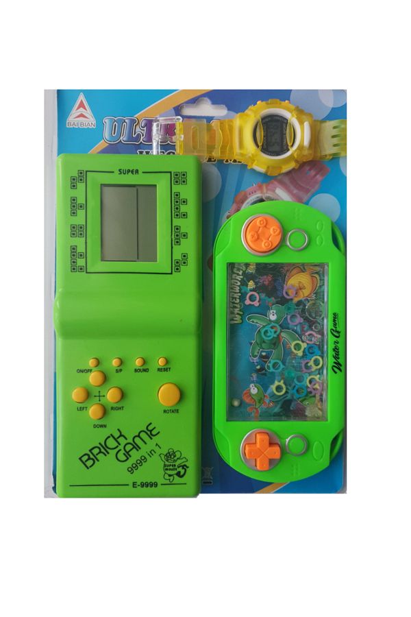 LUDIRO-Set of Three Interactive Toys, Tetris, Water Circle Game and Wristwatch, Green 1