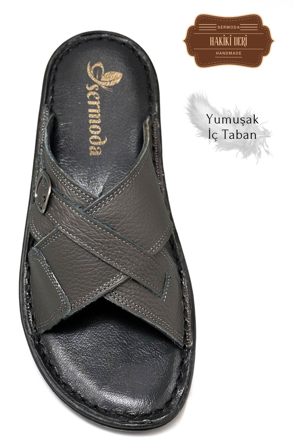 sermoda-Genuine Real Leather Men's Slippers Lightweight Slippers Leather t Smoked 1