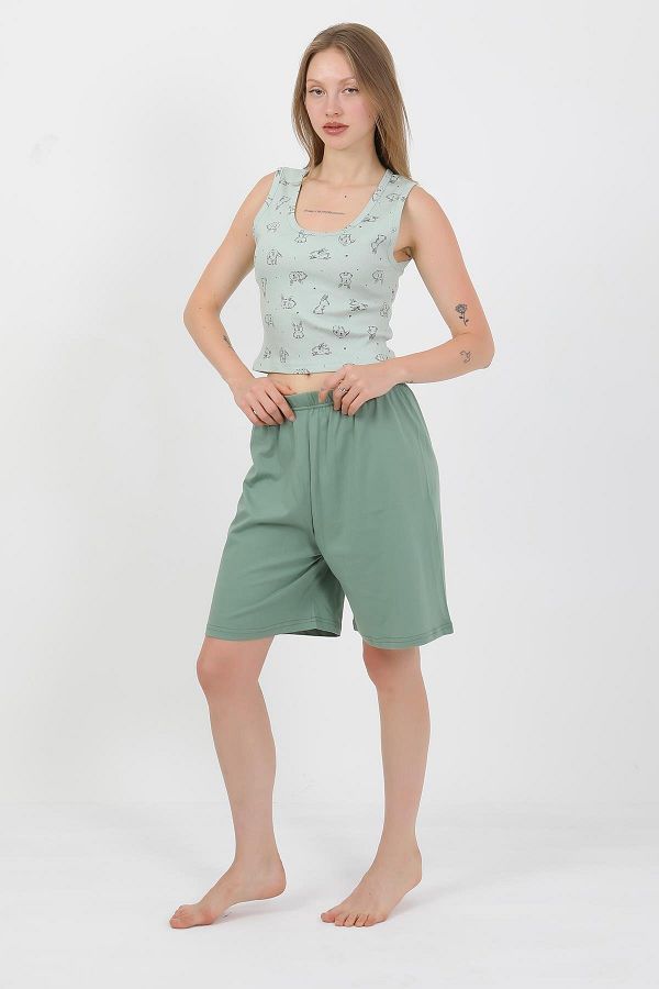 Akbeniz-Women's Thick Strap Cotton Combed Shorts Crop Suit Watergreen 3636 1