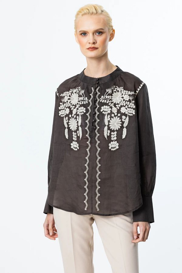 Ekol-Button Front Embroidered Linen Blouse Cocoa 1