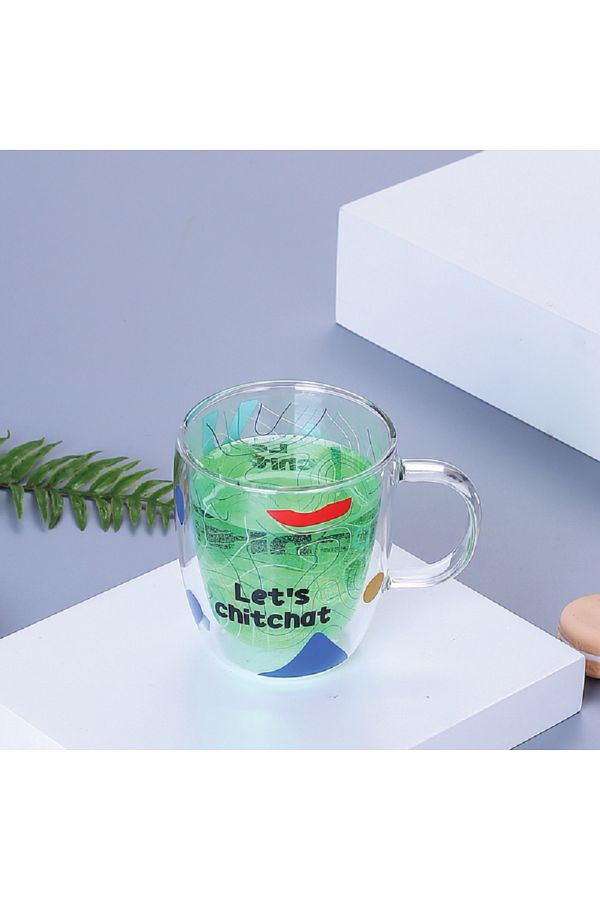 Bien Servi-Elegant Lets Chit Chat Printed Double Wall Mug with Stable Base Clear 1