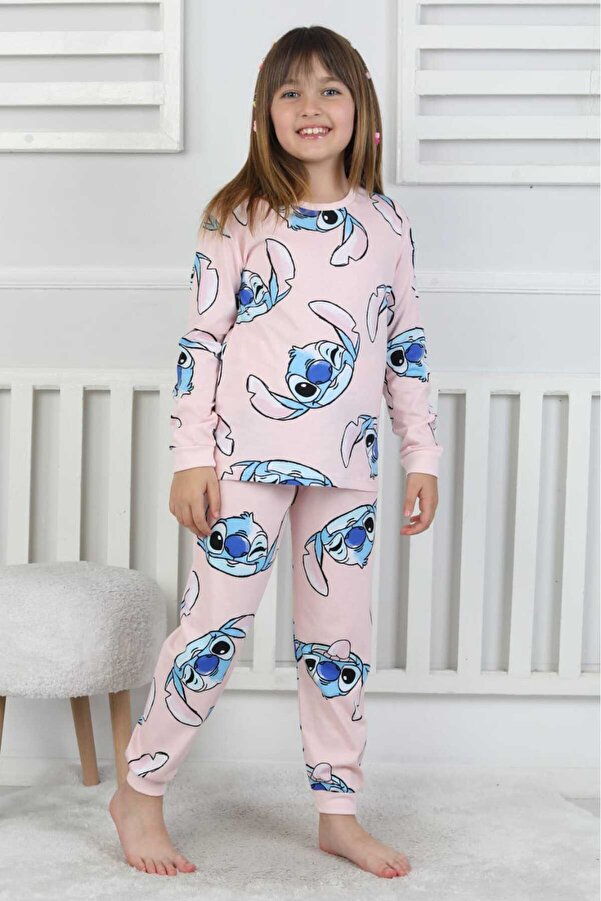 bunny hopp Sevimli Karakter Baskılı %100 Pamuklu Kız Çocuk Pijama Takımı - Pembe Penye Mevsimlik Takım