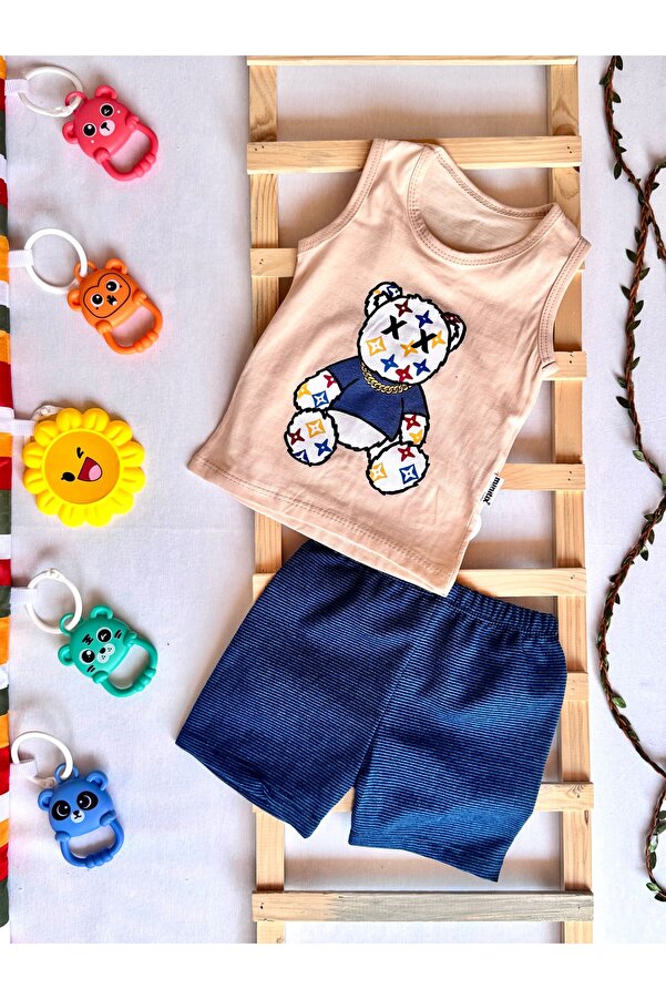 KapsülBebek %100 Pamuk Yazlık Bebek Takım 2’li – Atlet Şort Set, Ayıcık Desenli, Rahat Kesim, Unisex