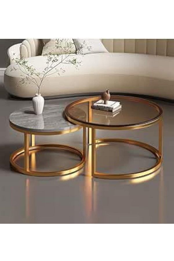 Generic-Set Of 2 Modern Round Nesting Coffee And Snack End Table With Metal Frame 1
