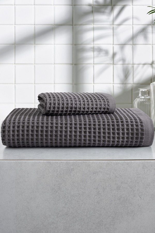 Sevim-Set of 2 Bath Towels with Waffle Pattern - Extra Soft and Honeycomb 100% Cotton - High Water Absorbent - Anthracite 1