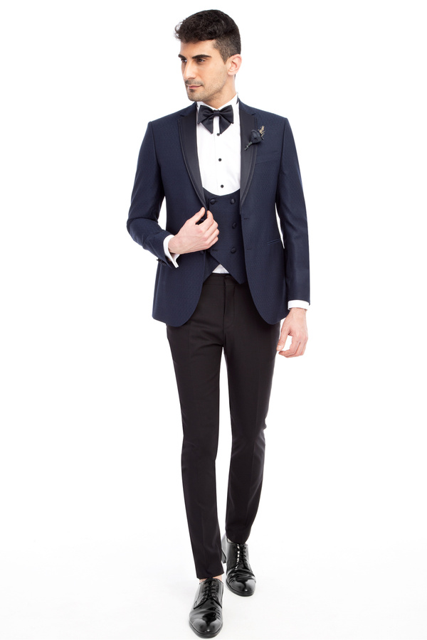 Kiğılı-Slim Fit Slim Fit Mono Collar Patterned Tuxedo with Vest / Groom Suit 1