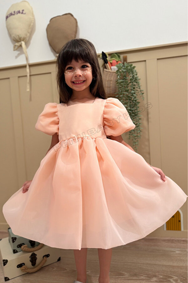 penu baby kids Somon Karolin Balon Etek Balon Kollu Kurdeleli Kız Çocuk Kız Bebek Elbise