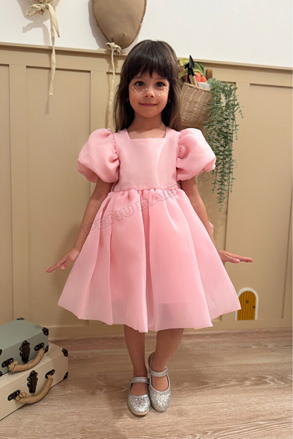 penu baby kids Pembe Karolin Balon Etek Balon Kollu Kurdeleli Kız Çocuk Kız Bebek Elbise