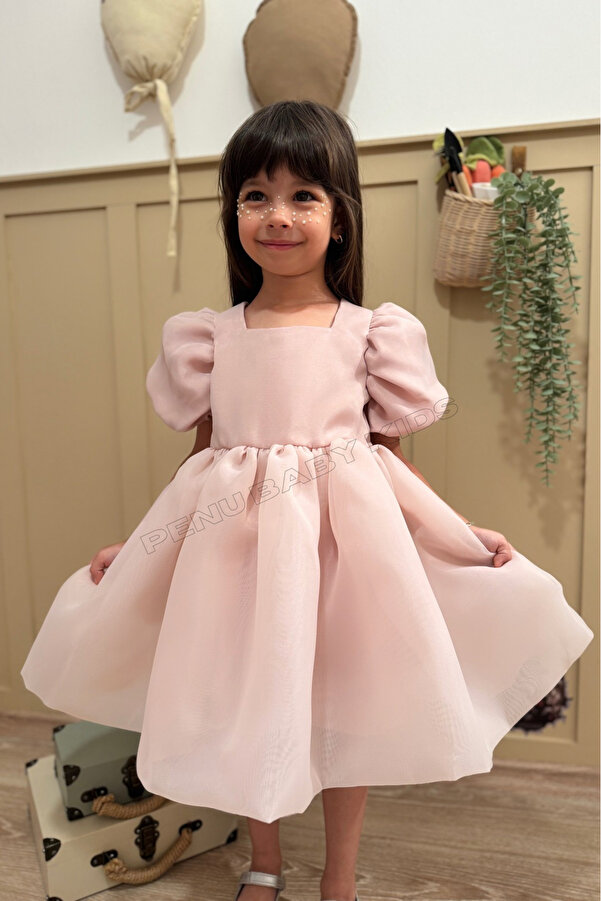 penu baby kids Pudra Karolin Balon Etek Balon Kollu Kurdeleli Kız Çocuk Kız Bebek Elbise