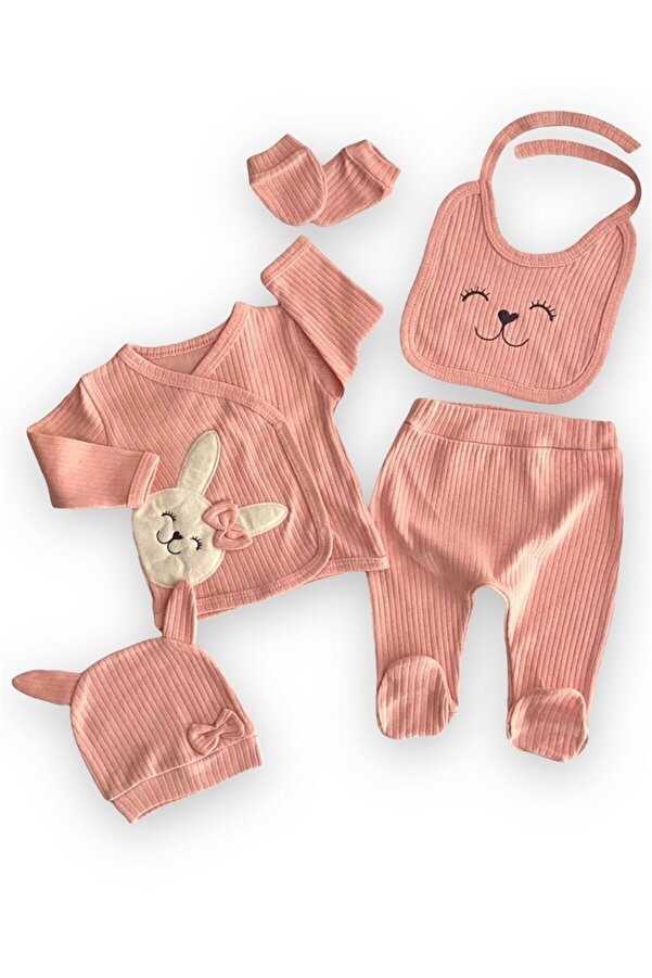nevrankids Neşeli Bebekler Fitilli Kumaş Somon 5 Parça Hastane Çıkışı Seti