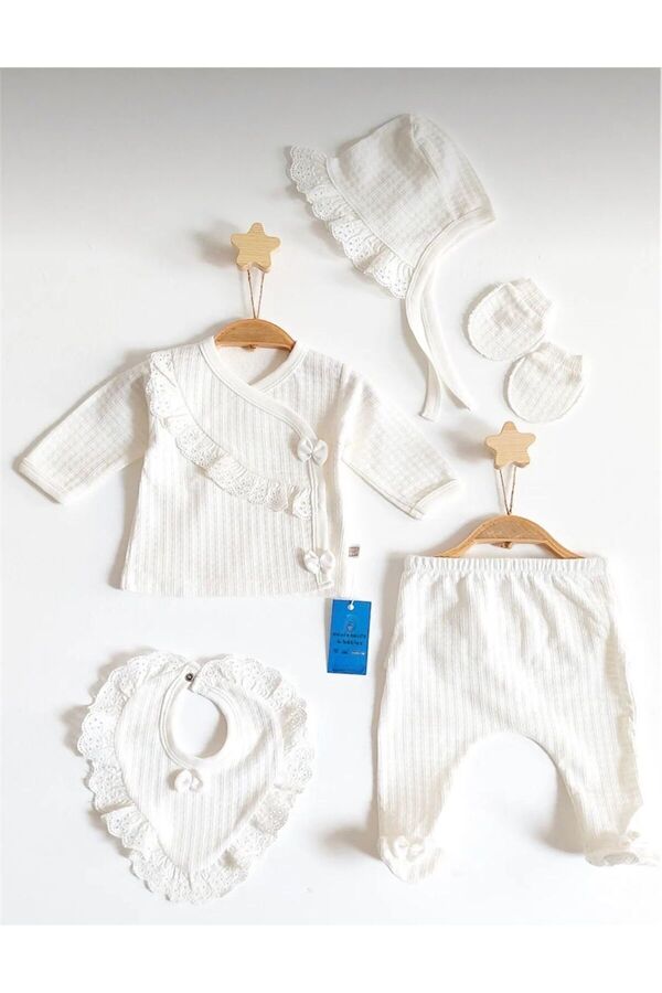 nevrankids Kız Bebek Yeni Doğan Dantel Detaylı Laura Şapkalı 5'li Hastane Çıkış Seti