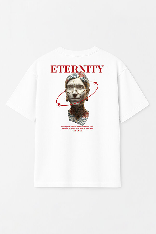 Unisex Eternity Baskılı Oversize %100 Pamuk Geniş Kesim Dokulu Beyaz Bisiklet Yaka T-shirt Rf0399