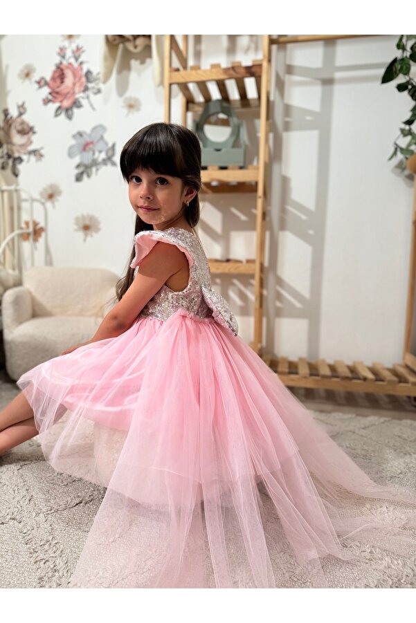 penu baby kids Pembe Payet Detaylı Tül Etekli Kısa Kol Kız Bebek Elbise