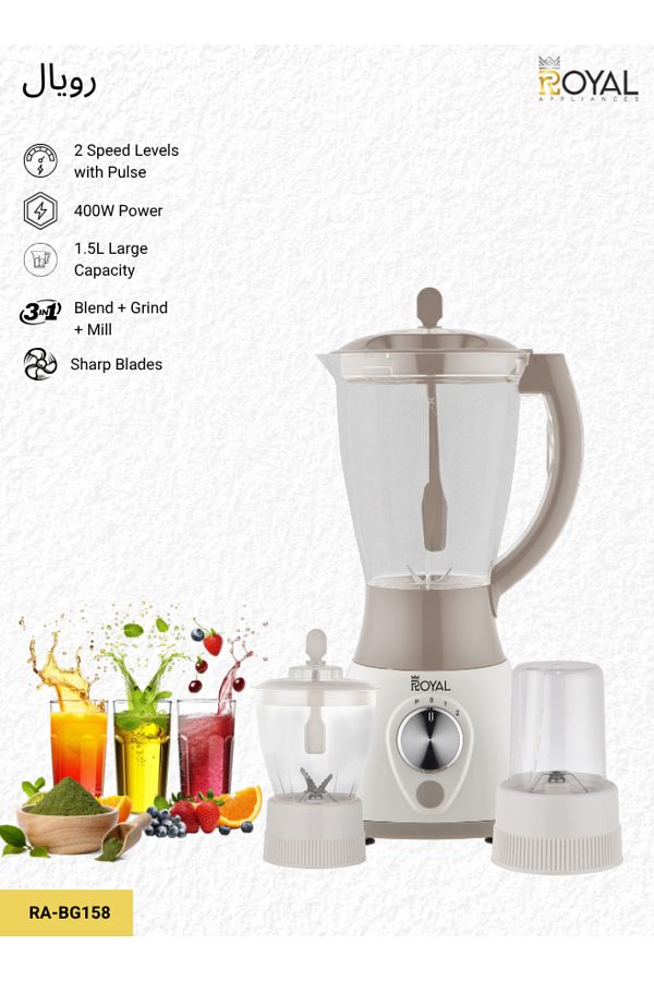 Royal-3 In 1 Countertop Electric Blender 1.5 Liter, 2 Speed Level With Pulse Function 1.5 L, Ra-bg158 1