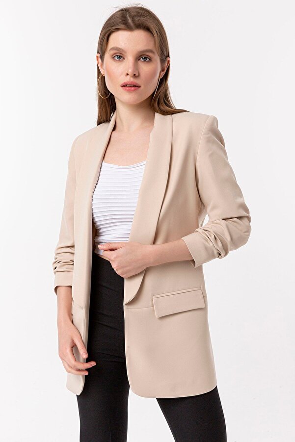 Swass Women's Beige Gathered Sleeve Blazer Jacket- Trendyol