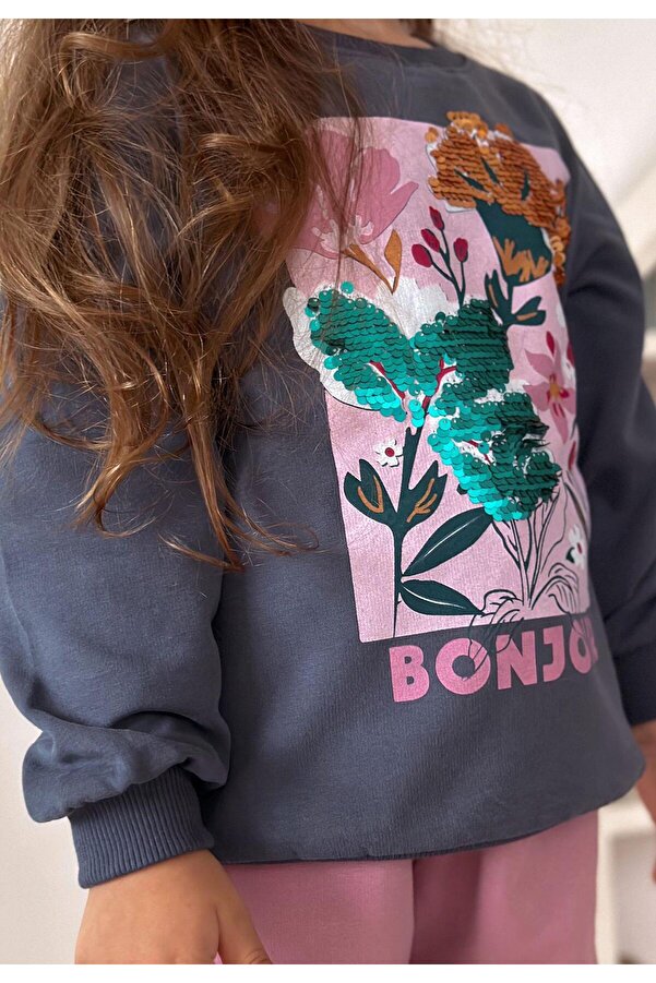 Cigit Çiçek Basdkılı Pullu Sweatshirt 1-6 Yaş Lacivert