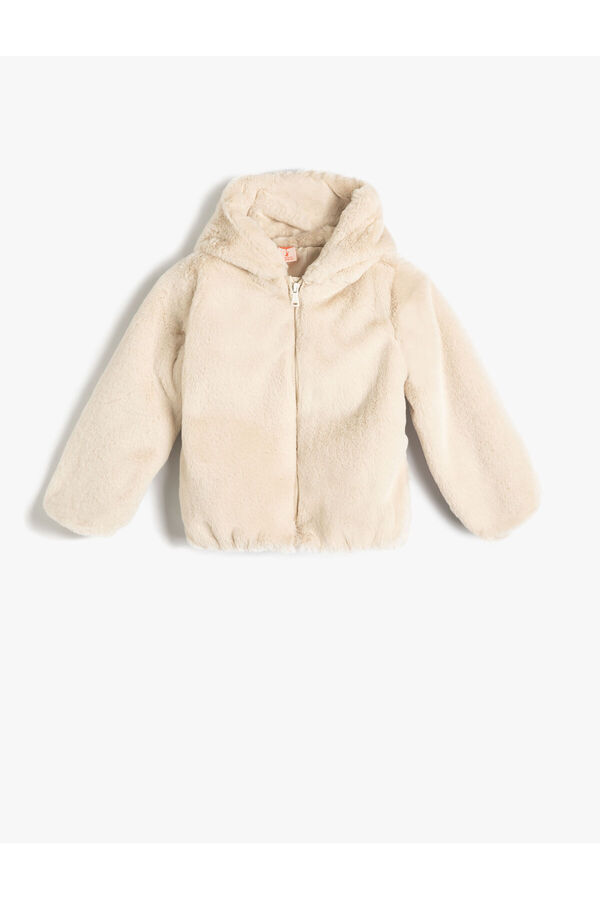 Koton Kapşonlu Peluş Ceket Fermuarlı Uzun Kollu