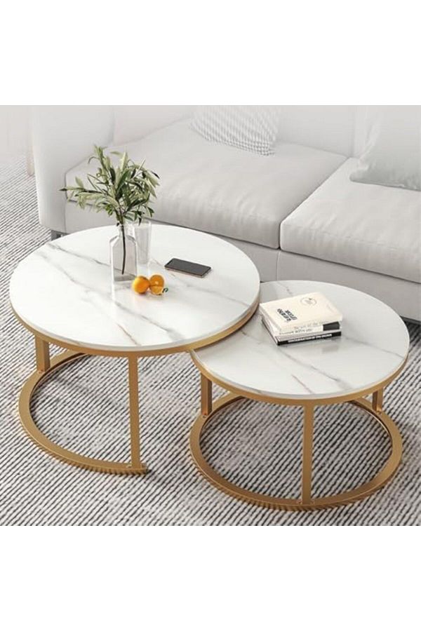 Generic-Modern Nesting Coffee Table Set of 2 Wooden Side Table Minimalist Round Nesting Table Sturdy Steel F 1