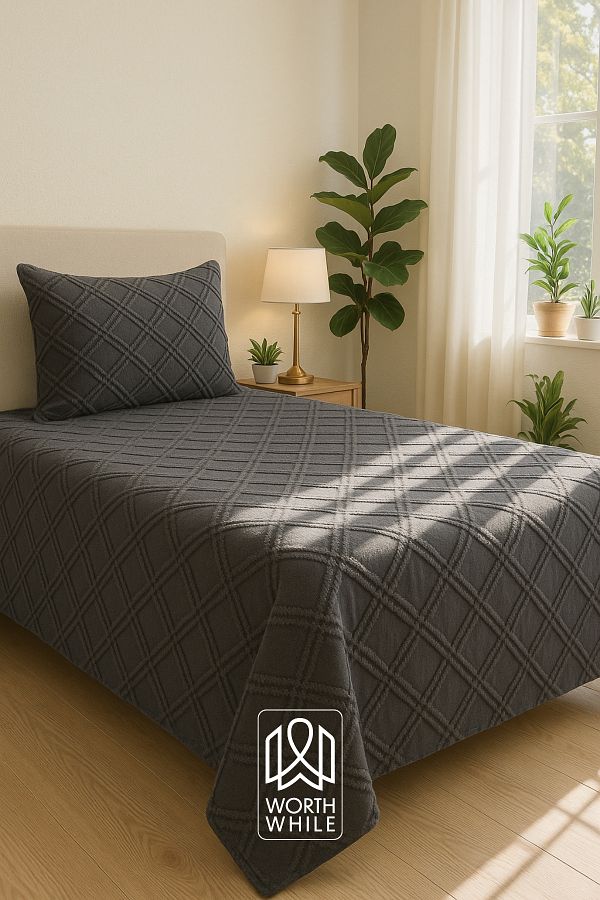 WorthWhile-Vera Single Bedspread 180X240 |   Anthracite Chenille Fabric, Diamond Pattern, Soft Textured 1