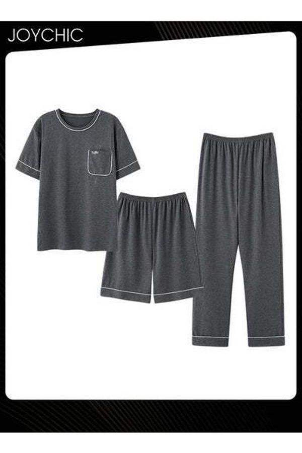 HALAMODO-Men's Pajamas Short-sleeved +Shorts+ Trouser Set Breathable Wear-resistant Sleepwear Homewear 1