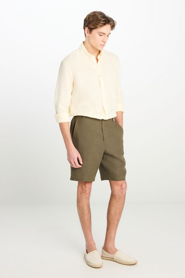 Lee-100% Linen Regular Fit Normal Cut Khaki Shorts with Elastic Waist Detail 1