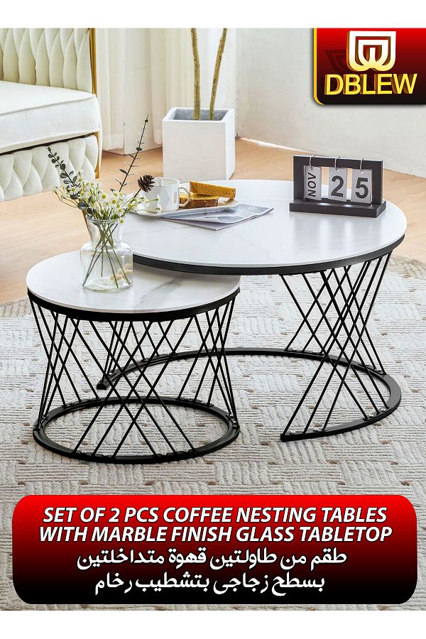 DBLEW-Set of 2 Modern White Faux Marble Finish Round Nesting Coffee Table Side Stackable Accent Tea Tables 1
