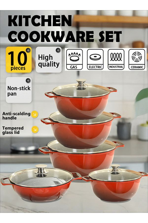X SPRING-10-PCS Granite Non-stick Cookware Set,Scald-proof Handle,Suitable for multiple people(RED) 1